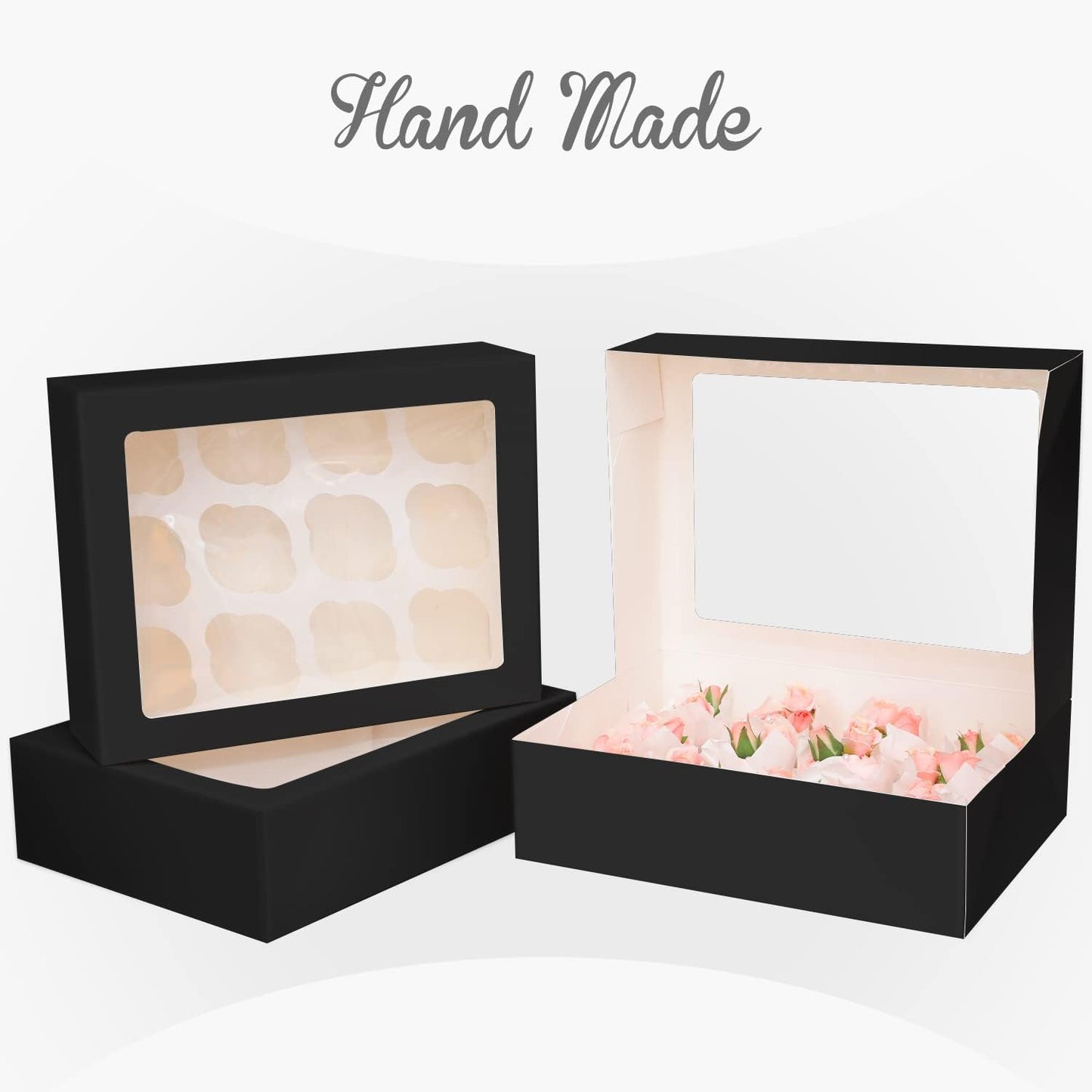12 Cupcake Containers 20-Packs Black Cupcake Box Cupcakes Carrier, 12 Cupcake Boxes with Window 13"x10"x3.5"（Auto-pop up）