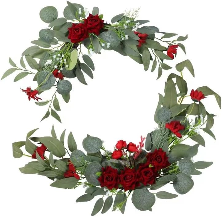 H&W 2pcs Artificial Wedding Arch Flowers for Wedding Sign, Floral Swag Dusty Decor for Reception Ceremony Backdrop Sweetheart Table （Red Rose）