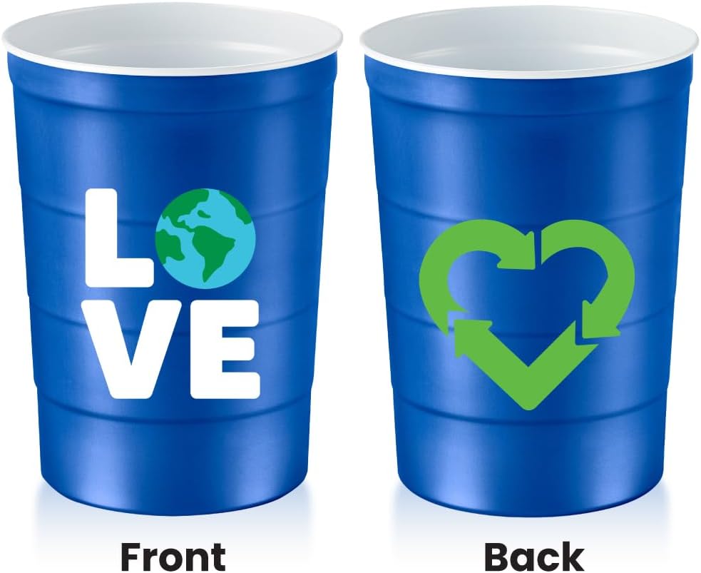 16 oz. Party Cup Earth Day 'Love' Planet Recycle Design for Cold Drinks, Durable, Disposable, Recyclable, Made in USA, Blue 12 Count