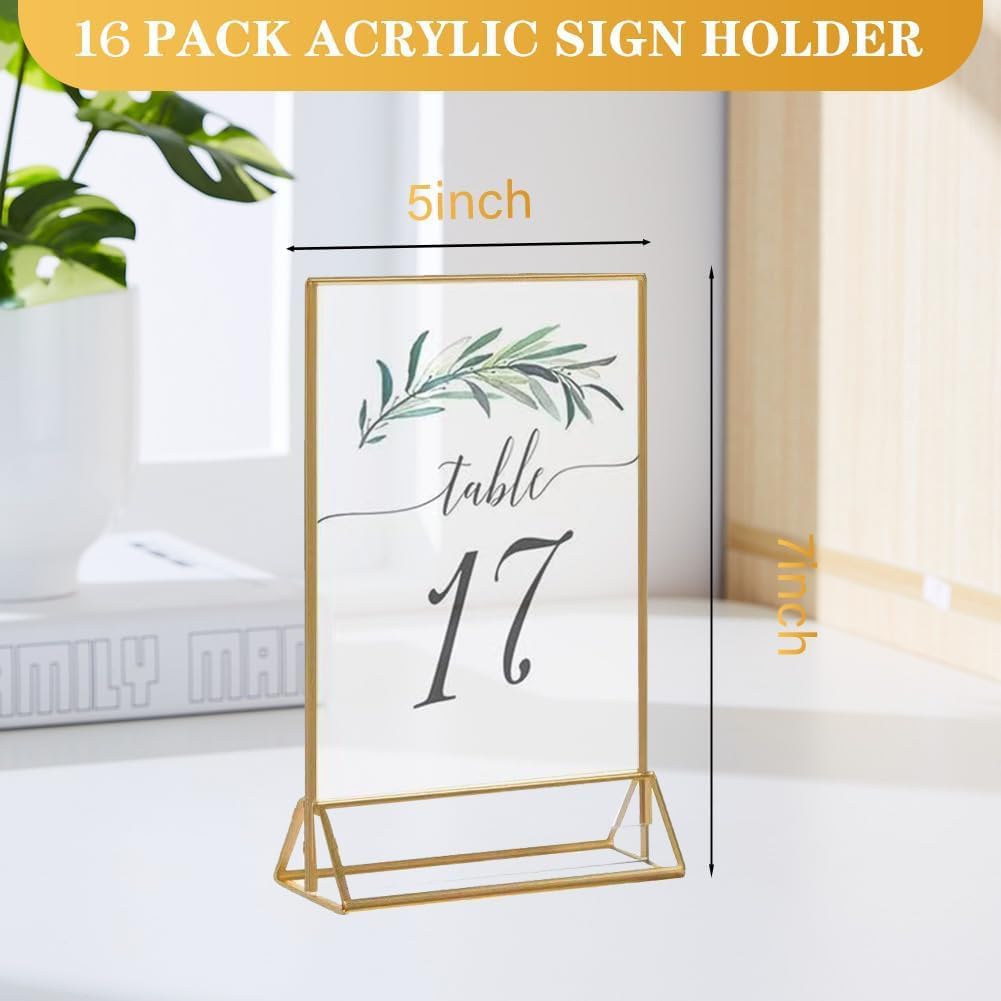 16 Pack Gold Acrylic Sign Holder, 5x7 Inch Picture Frames Wedding Double Sided Display Clear Sign Holders Stand Desktop Table Menu for Wedding Party Restaurant