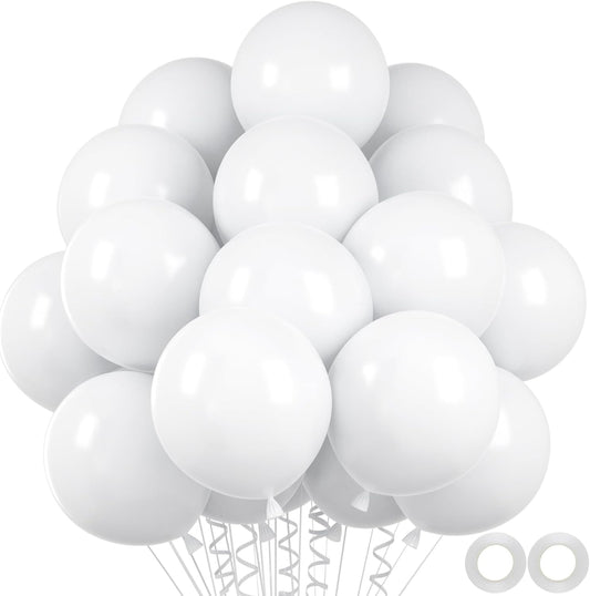 100pcs White Balloons, 12 inch White Latex Party Balloons Helium Quality for Birthday,Baby Shower,Wedding, Party Decorations (with 66ft Ribbon)