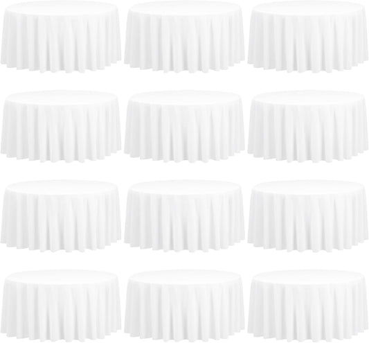 12 Pack 108 Inch Round Tablecloth, White Polyester Fabric Table Cloth for Round Table, Stain and Wrinkle Washable TableCover for Wedding Party Dining TableBuffet Restaurant Banquet and Camping