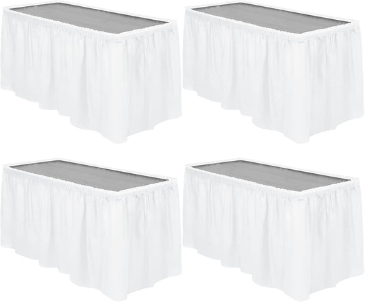 TURSTIN 4 Pieces White Plastic Table Skirts 14 Feet x 29 Inch for Rectangle Tables Fitted Tablecloth Disposable Table Cover for Birthday Party, Events, Banquette Baby Shower