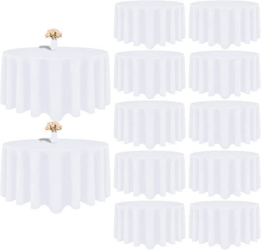 12 Pack White Round Tablecloth 108 Inch White Table Cloth Stain and Wrinkle Resistant Round White Tablecloths Reusable and Washable Polyester Fabric Table Covers for Buffet Wedding Party and Banquet