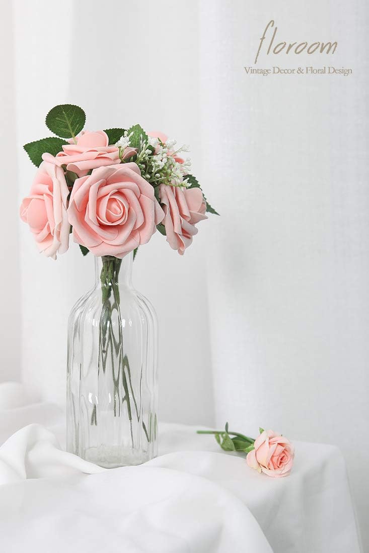 Floroom Artificial Flowers 25pcs Realistic Peach Pink Foam Fake Roses with Stems for DIY Wedding Bouquets Bridal Shower Centerpieces Floral Arrangements Party Tables Home Decorations