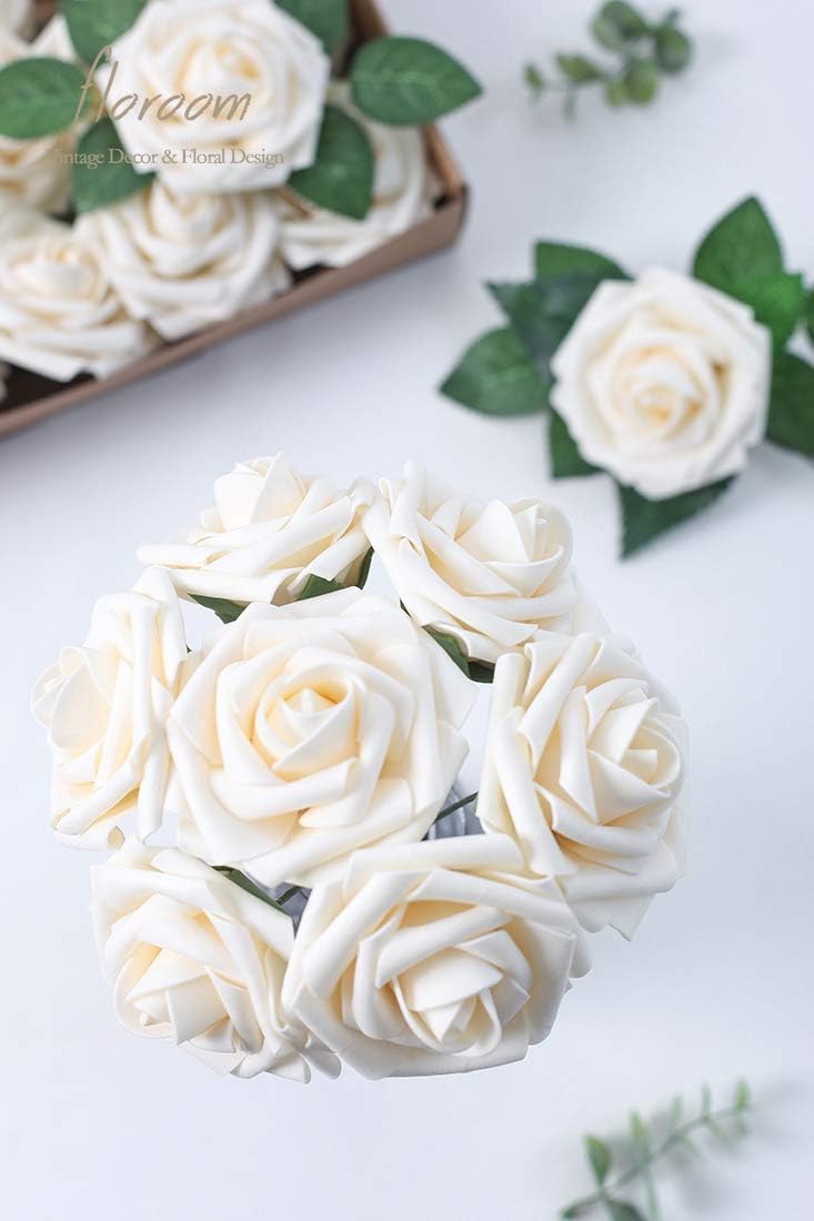 Floroom Artificial Flowers 50pcs Real Looking Cream Foam Fake Roses with Stems for DIY Wedding Bouquets Bridal Shower Centerpieces Floral Arrangements Party Tables Home Decorations