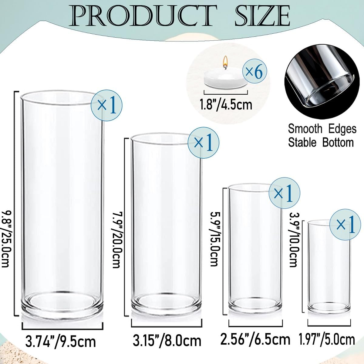 Set of 4 Pcs Glass Cylinder Vases for Centerpieces with 6 Pcs White Floating Candles for Centerpieces Glass Candle Holder for Table Shelf Wedding Party Home Decor (S+M+L+XL)