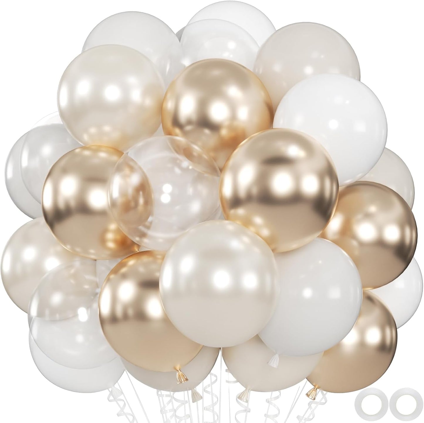 100pcs White and Gold Balloons - 12inch Sand White Metallic Champagne Gold Nude Pearl White & Clear Balloon for Baby showers, Wedding, Bachelorette, Graduation (with 66ft Ribbons)