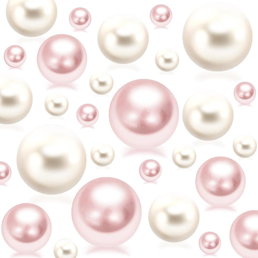 150Pcs Cream&Pink Polished No Hole Faux Pearl Beads for Vase Filling Decorations, Plastic Pearls Vase Fillers, Table Scatters, Wedding Centerpiece, Home Decor, 8/14/20 mm