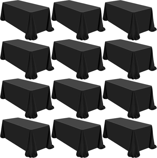 12 Pack Polyester Tablecloth 90 x 156 Inch Black Tablecloth for 8 Ft Rectangle Tables,Washable Fabric Table Covers Polyester Table Clothes for Wedding Parties Banque