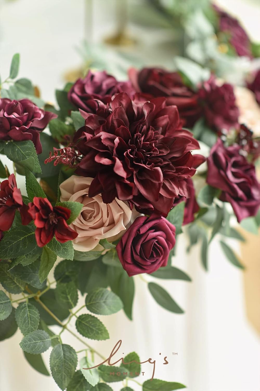 Ling's Moment Flower Garland - 6FT Eucalyptus & Rose - Sweetheart Table Decor for Wedding Reception, Artificial Floral Garland for Mantle, Thanksgiving, Christmas Decoration, Marsala & Blush