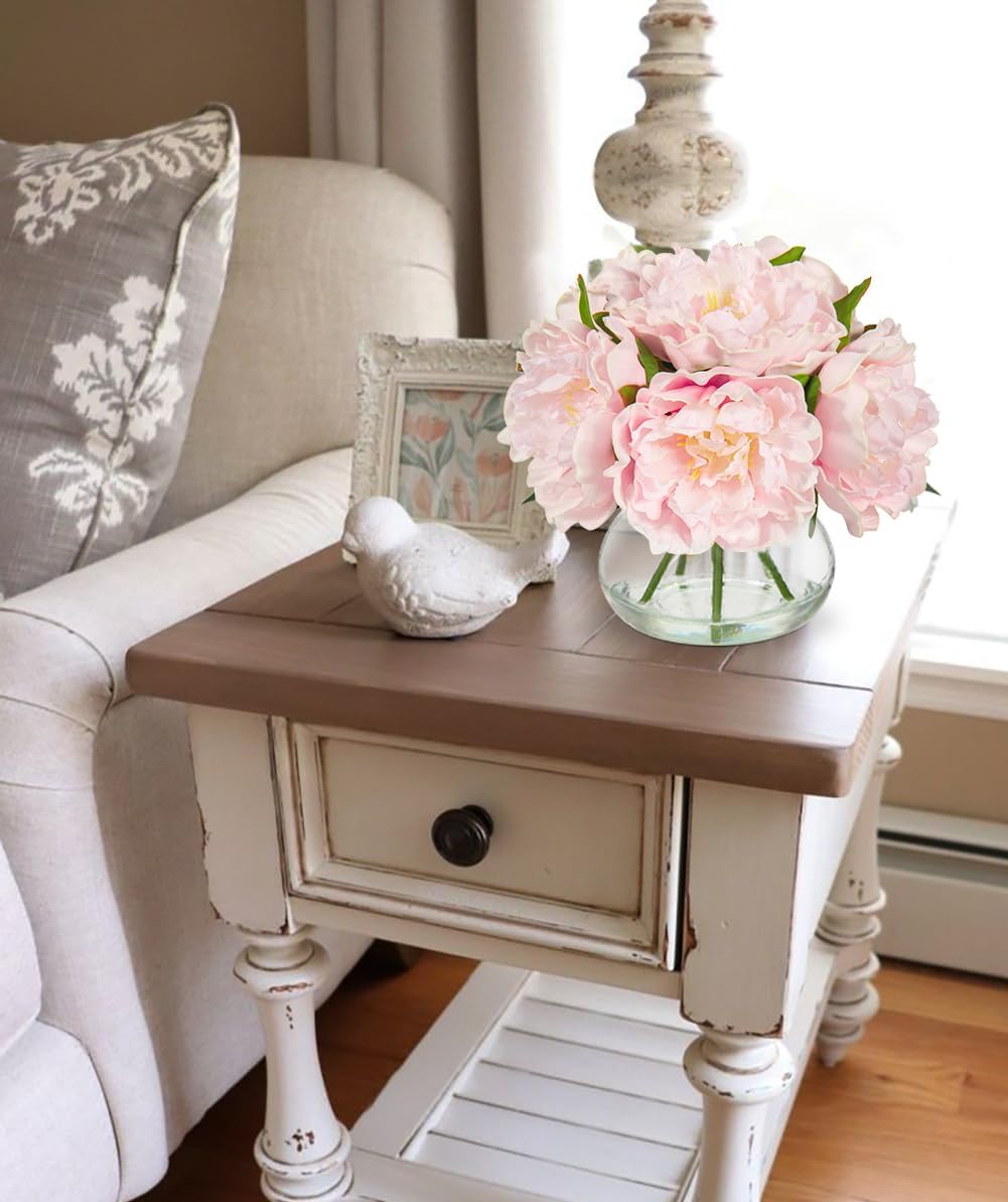 Hollyone Pink Peonies Artificial Flowers with Vase Faux Flowers Peony Fake Flowers Silk Flower Arrangements in Glass Vase with Faux Water for Home Decor Bathroom Table Centerpiece Shelf Decorations