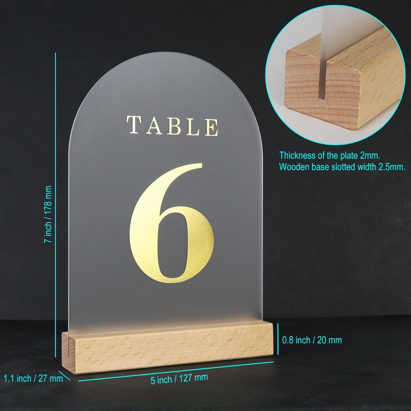Wedding Table Numbers 1-15, Acrylic Arch Signs with Natural Wood Stands Holders, Rustic Table Decor for Reception & Parties (Frosted Gold)