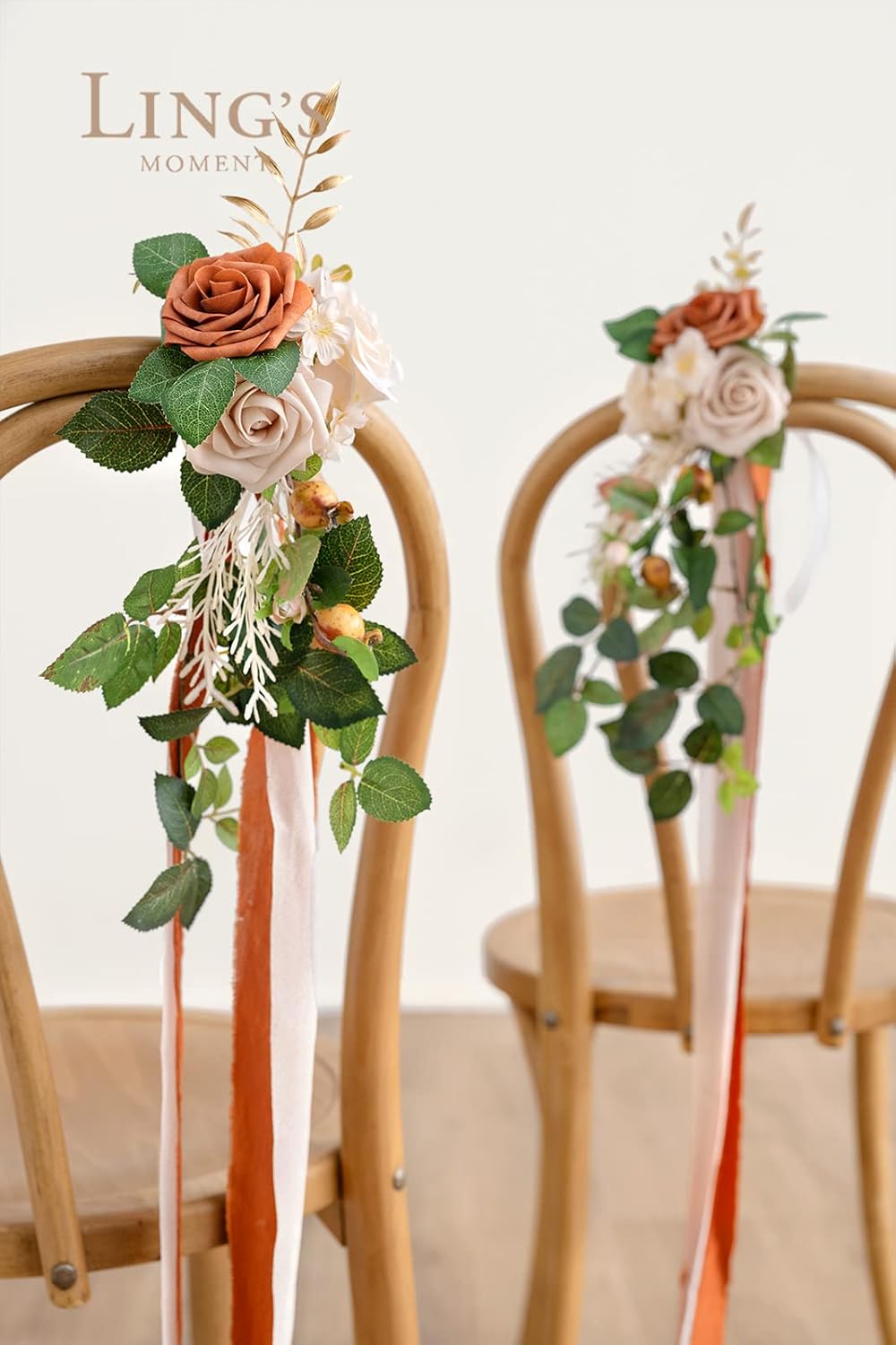 Ling's Moment 8 Wedding Artificial Aisle Pew Flowers Chair Decorations Arrangements With Chiffon Ribbons Sunset Terracotta for Ceremony Reception Chair Back Floral Decor Reception Church Party Outdoor