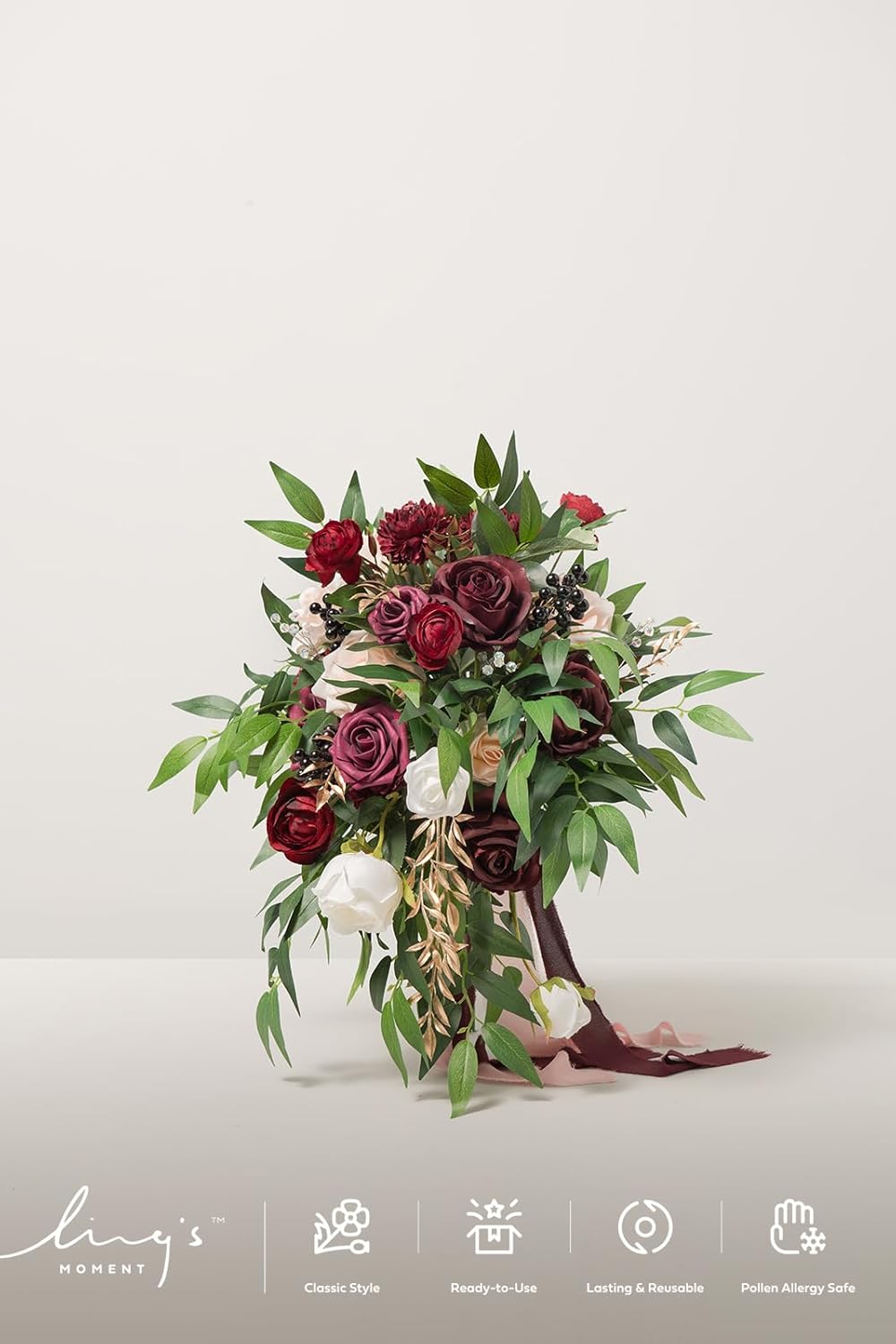 Ling's moment Burgundy Bridal Bouquet Cascading, Marsala Wedding Bouquets for Bride, 13 Inch Bride Bouquets for Wedding Artificial Flowers Bouquets