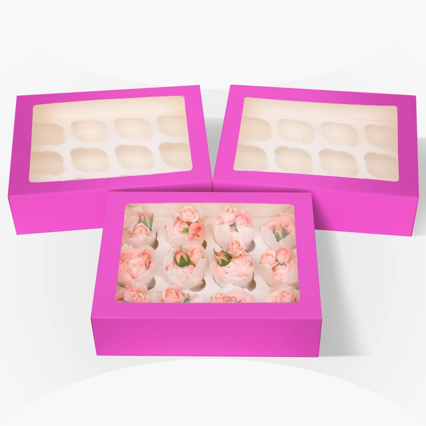 12 Cupcake Containers 10-Packs Roland Cupcake Box Cupcakes Carrier, 12 Cupcake Boxes with Window 13"x10"x3.5"（Auto-pop up）