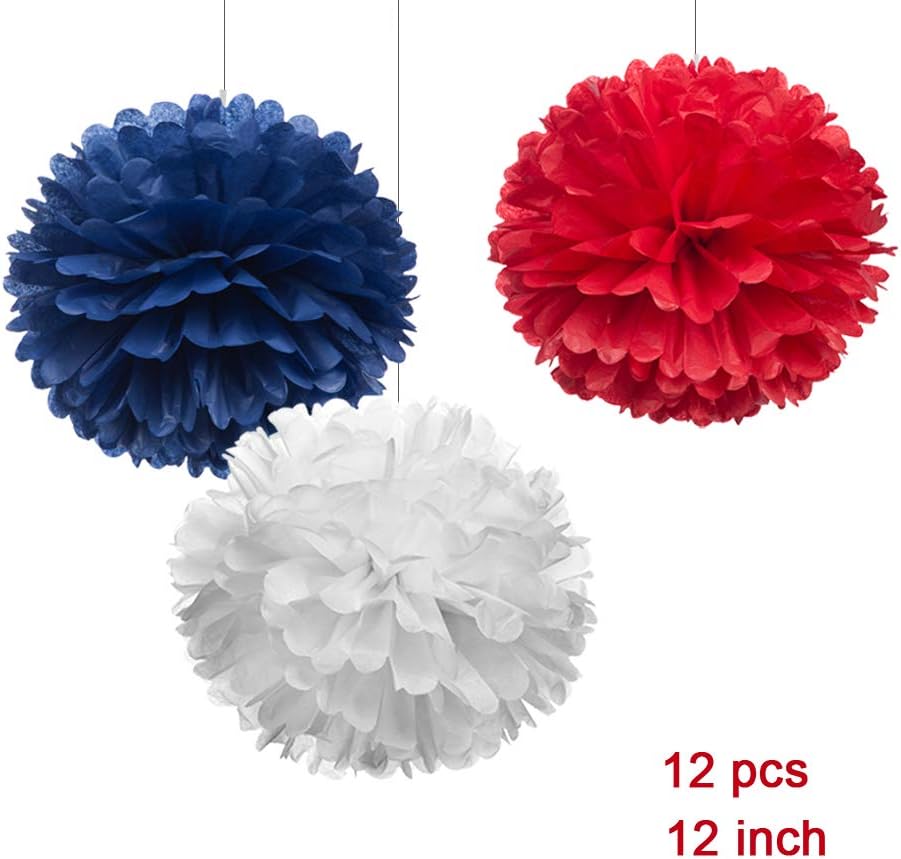 12" Red White Blue Tissue Pom Poms DIY Hanging Paper Flower Balls for Nautical Party Decoration 4th of July Patriotic Decorations, Pack of 12
