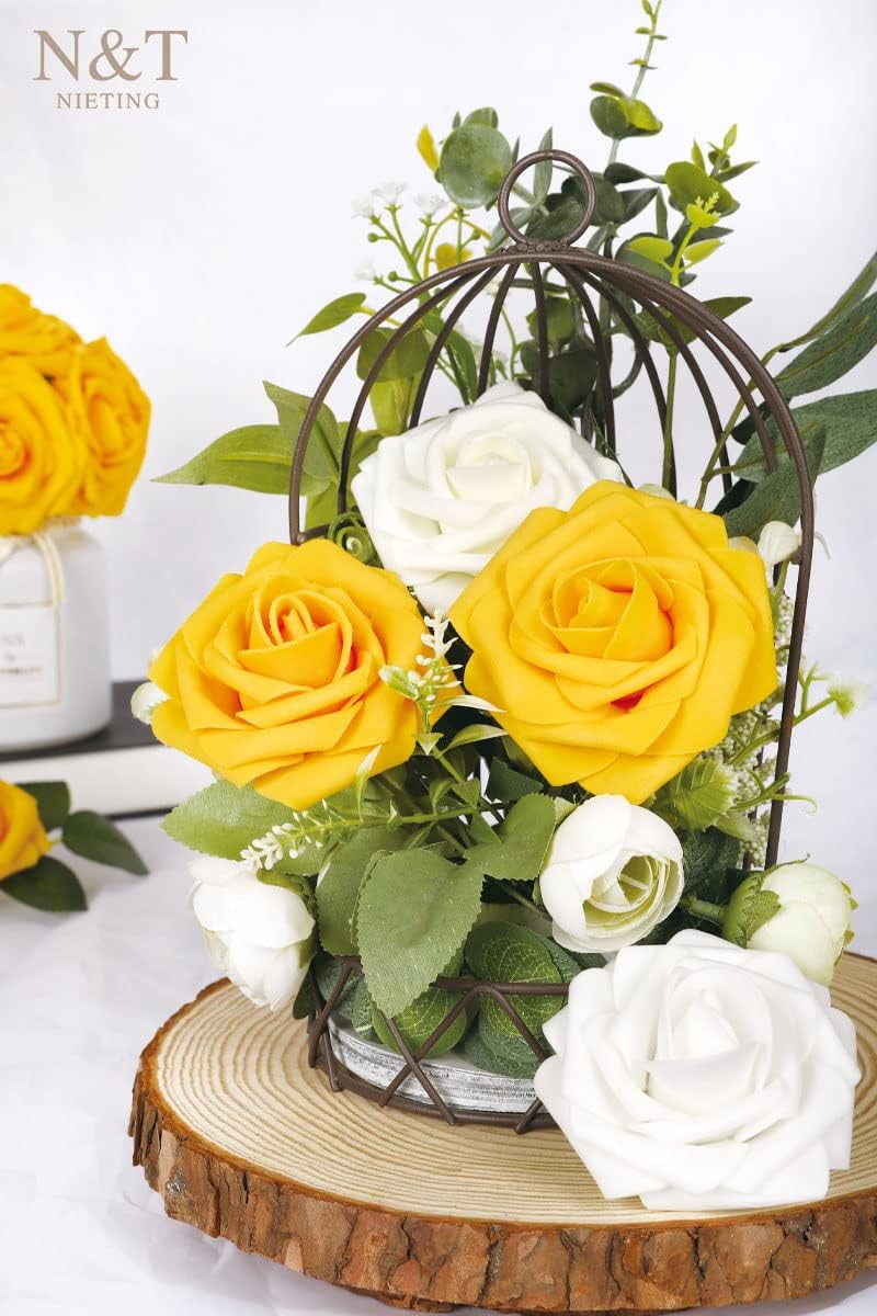 N&T NIETING Artificial Flowers, 50Pcs Fake Flowers Roses Perfect for DIY Wedding Bouquets Centerpieces Bridal Shower Party Home Flower Arrangement Decorations, Gold