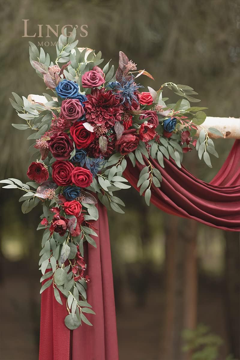 Ling's Moment Burgundy Artificial Wedding Arch Flowers Kit Pack of 4, 2pcs Hanging Flower Arrangement 2pcs Chiffon Drapes Ceremony Reception Fake Rose Arbor Backdrop Floral Party Outdoor Decorations