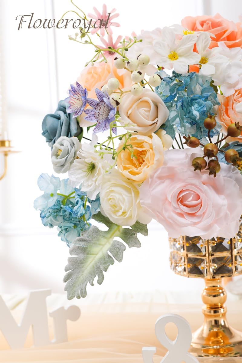 Floweroyal Artificial Flowers Combo Fairy Blue Flowers Mix Silk Flowers Fake Roses with Stems for DIY Wedding Bridal Bouquets, Baby Shower, Floral Arrangement, Table Centerpieces, Home Decorations.