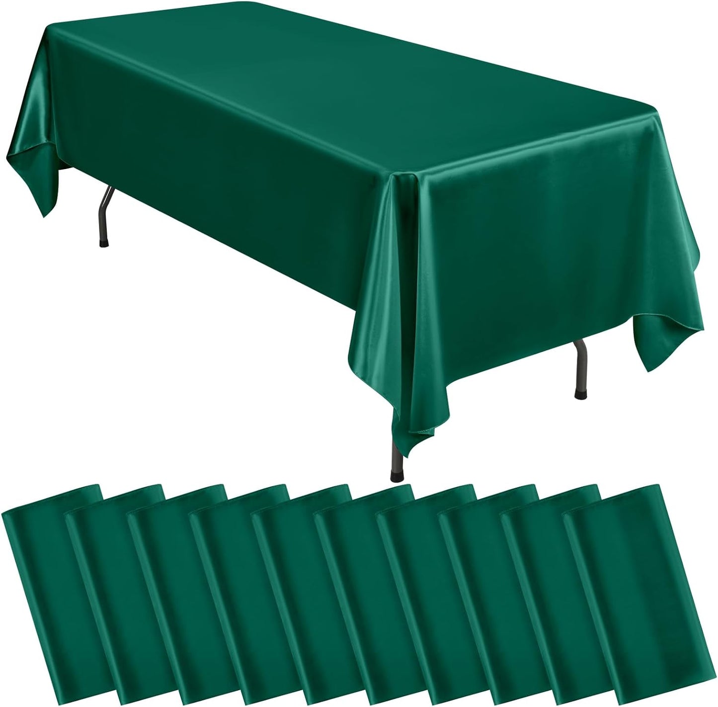 10 Packs Satin Tablecloth 57 x 108 Inch Dark Green Rectangular Table Cloth Silk Tablecloth Smooth Fabric Overlay Satin Table Cover Decoration for Wedding Party Banquet Events
