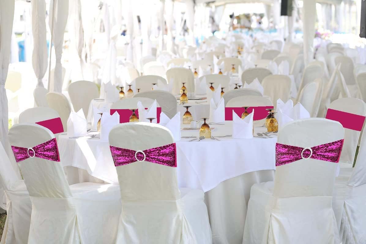10 Pcs Chair Sashes Sequin Stretch Chair Bands Spandex Polyester Bows for Party Hotel Wedding Banquets Decoration - Magenta