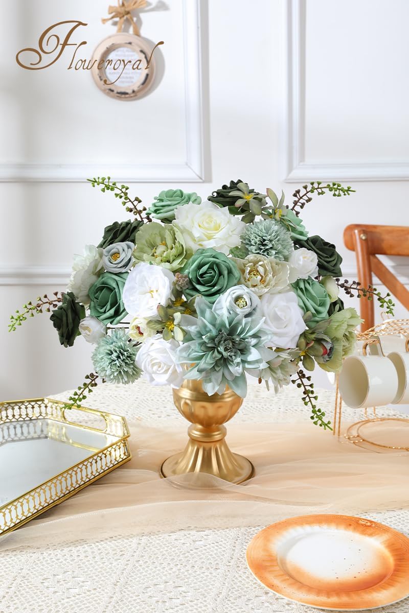 Floweroyal Artificial Flowers Combo Green Flowers Mix Silk Flowers Dahlia Roses with Stems for DIY Wedding Bridal Bouquets, Baby Shower, Floral Arrangement, Table Centerpieces, Home Decorations.