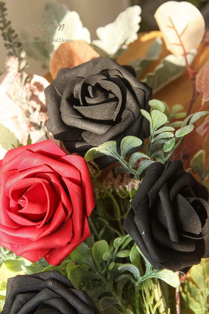 Floroom Artificial Flowers 50pcs Real Looking Black Foam Fake Roses with Stems for DIY Wedding Bouquets Centerpieces Arrangements Party Tables Home Halloween Decorations