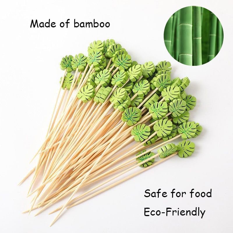 120 Pcs Monstera Leaf Cocktail Picks 4.7" Drinks Fruits Hawaiian Party Food Garnish Skewer Sticks St. Patrick's Day Decorations Supplies Cowboy Handmade Bamboo Toothpicks