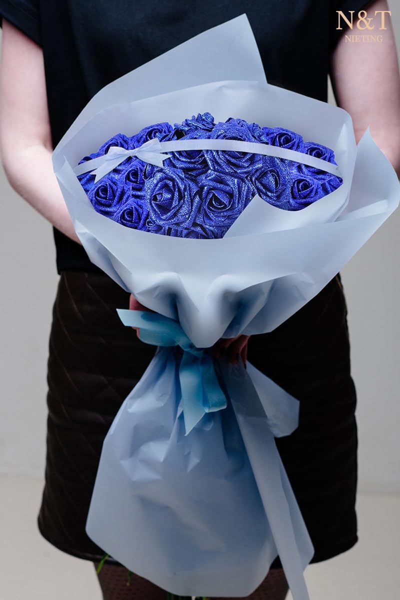 N&T NIETING Artificial Flowers Glowing Navy Blue Flowers Foam 25pcs Glitter Roses Real Looking Fake Roses with Stem for DIY Wedding Bouquets Centerpieces Bridal Shower Party Home Decorations