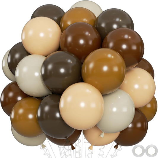 100pcs Brown Balloons - 12 Inch Dark Brown Beige Coffee Sand White & Neutral Balloons for Birthday, Boho Safari Baby Shower, 2025 Graduation Party Decoration (66ft Ribbons)