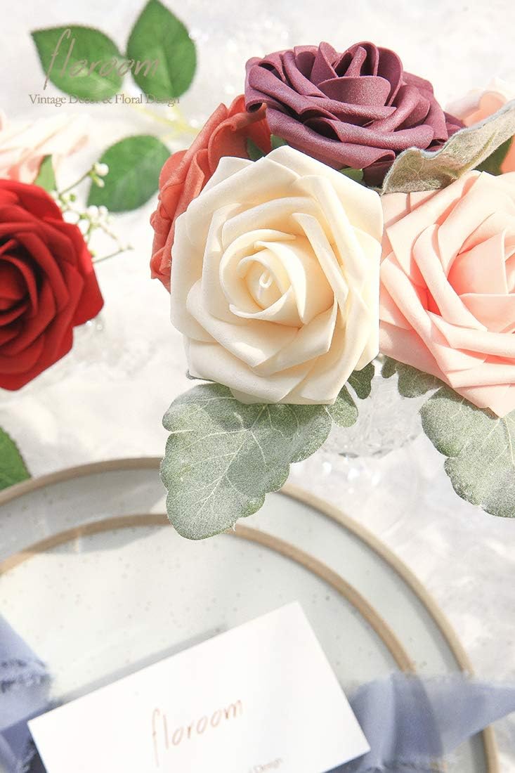 Floroom Artificial Flowers 50pcs Real Looking Champagne Foam Fake Roses with Stems for DIY Wedding Bouquets Bridal Shower Centerpieces Floral Arrangements Party Tables Home Decorations