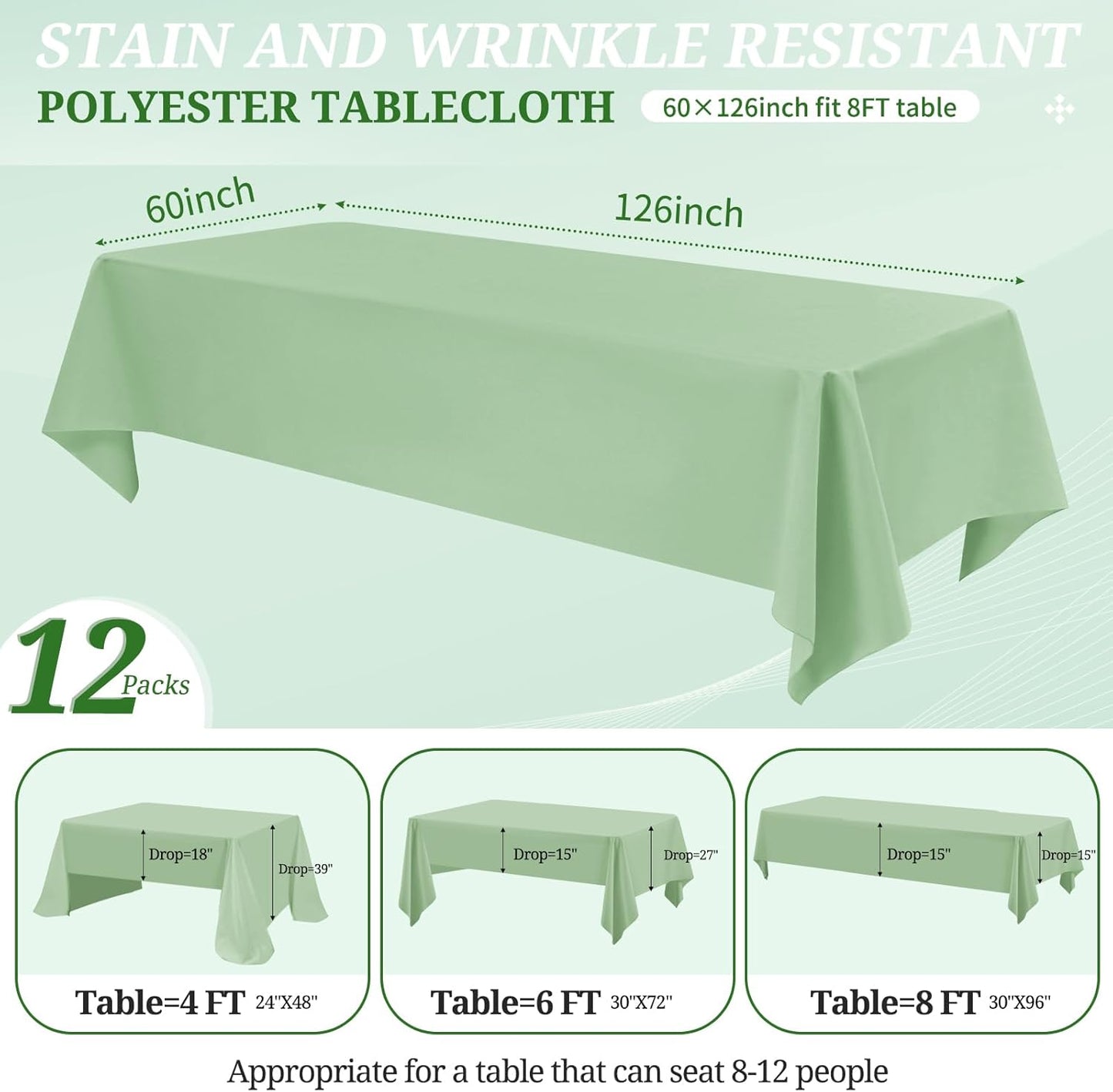 12 Pack Sage Green Tablecloths for Rectangle Tables 60 x 126 Inch Sage Green Polyester Tablecloth 8 Foot Rectangle Table Cloth Washable Fabric Table Cover for Party Wedding Banquet Restaurant Events