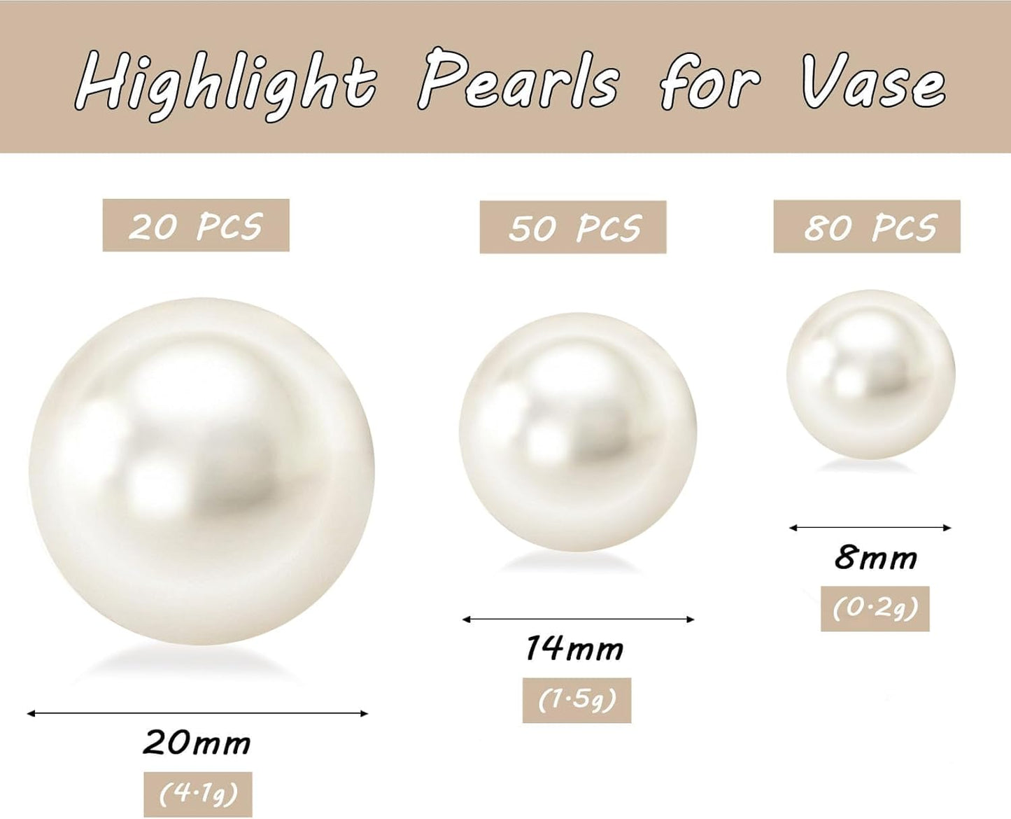 150Pcs Cream Polished No Hole Faux Pearl Beads for Vase Filling Decorations, Plastic Pearls Vase Fillers, Table Scatters, Wedding Centerpiece, Home Decor, 8/14/20 mm