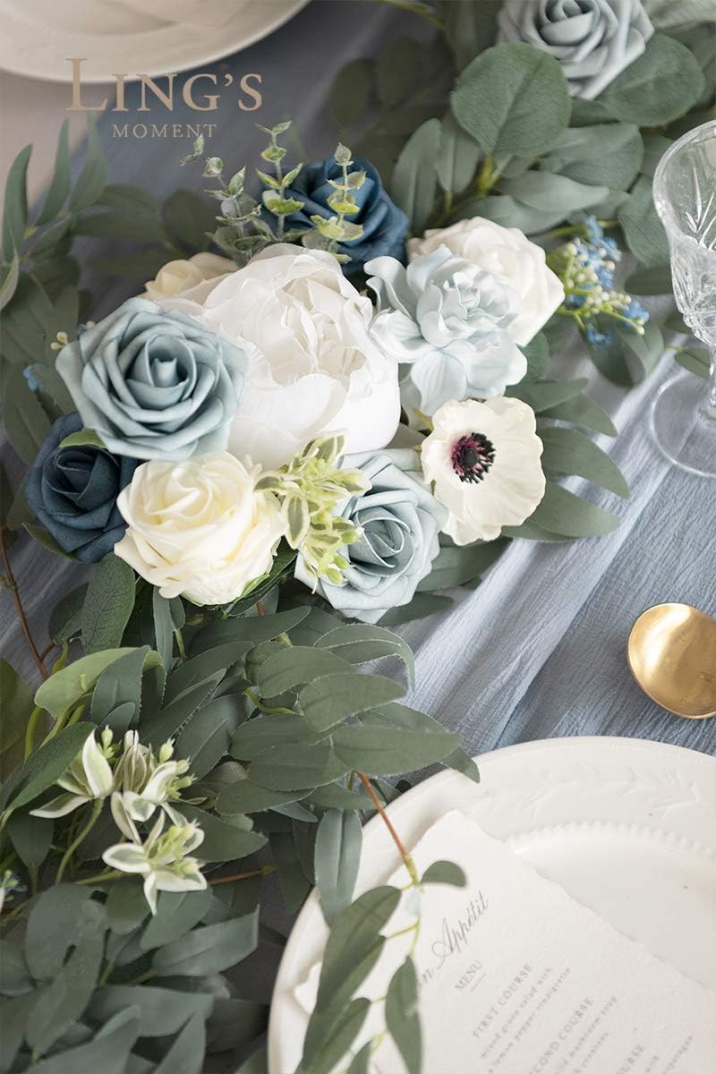 Ling's Moment Flower Garland - 6FT Eucalyptus & Rose - Sweetheart Table Decor for Wedding Reception, Artificial Arch Floral Garland for Mantle, Christmas, Beach Decoration, Dusty Blue & White