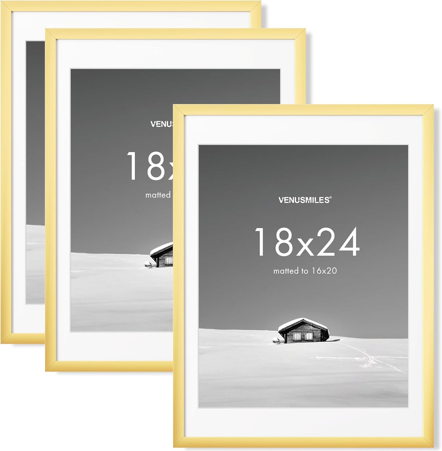 18x24 inch Picture Frame, 18x24 Photo Frames with 16x20 Removable Mat - High Definition Plexiglass - Vertical and Horizontal Display - Wall Hanging Poster Frame - Gold, 3 Pack
