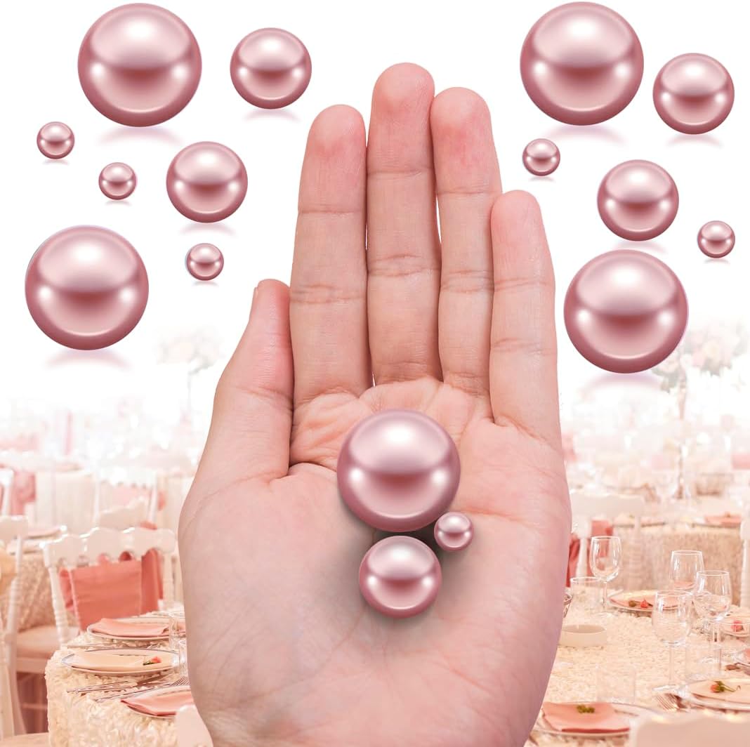 150Pcs Rose Gold Polished No Hole Faux Pearl Beads for Vase Filling Decorations, Plastic Pearls Vase Fillers, Table Scatters, Wedding Centerpiece, Home Decor, 8/14/20 mm