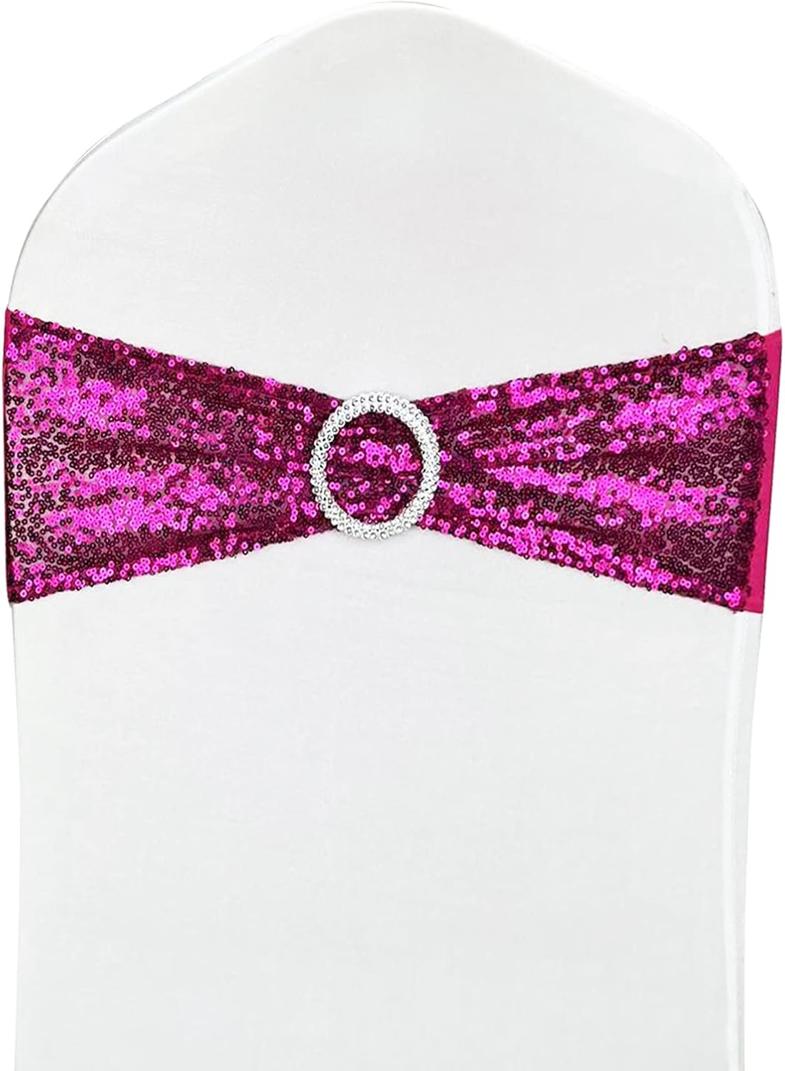 10 Pcs Chair Sashes Sequin Stretch Chair Bands Spandex Polyester Bows for Party Hotel Wedding Banquets Decoration - Magenta