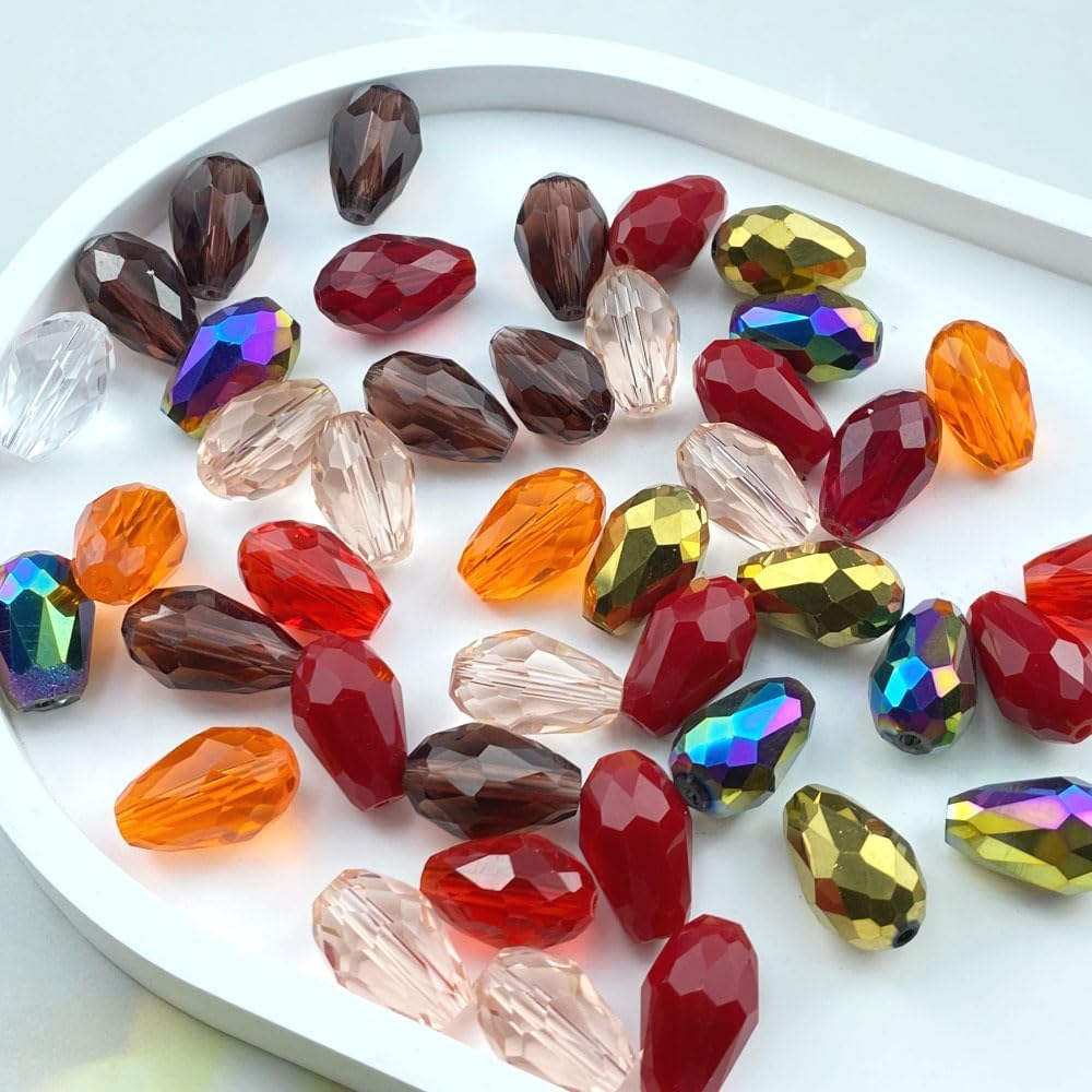 110pcs 6x8mm Teardrop Crystal Glass Beads Vertical Hole Faceted Loose Spacer Beads for DIY Craft Jewelry Making Necklace Bracelet Earring Wind Chimes(Red Series)
