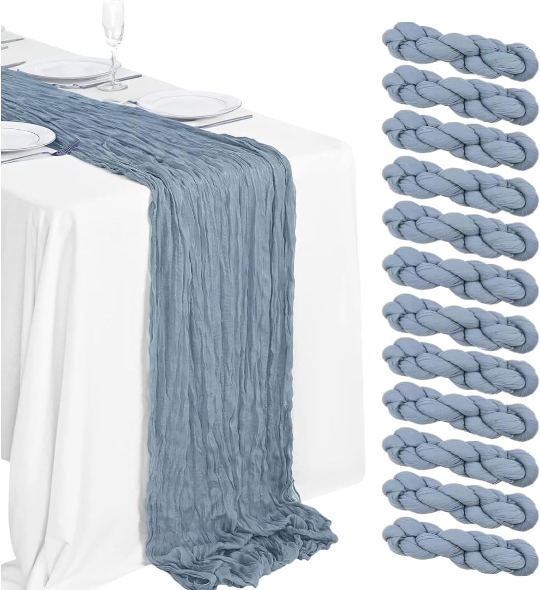 12Pcs Gray-Blue Cheesecloth Table Runner 120 Inch10FT Gray-Blue Rustic Boho Cheesecloth Table Runner Cheese Cloths for Wedding Party Baby Shower Birthday Home Decor Holiday Decorations