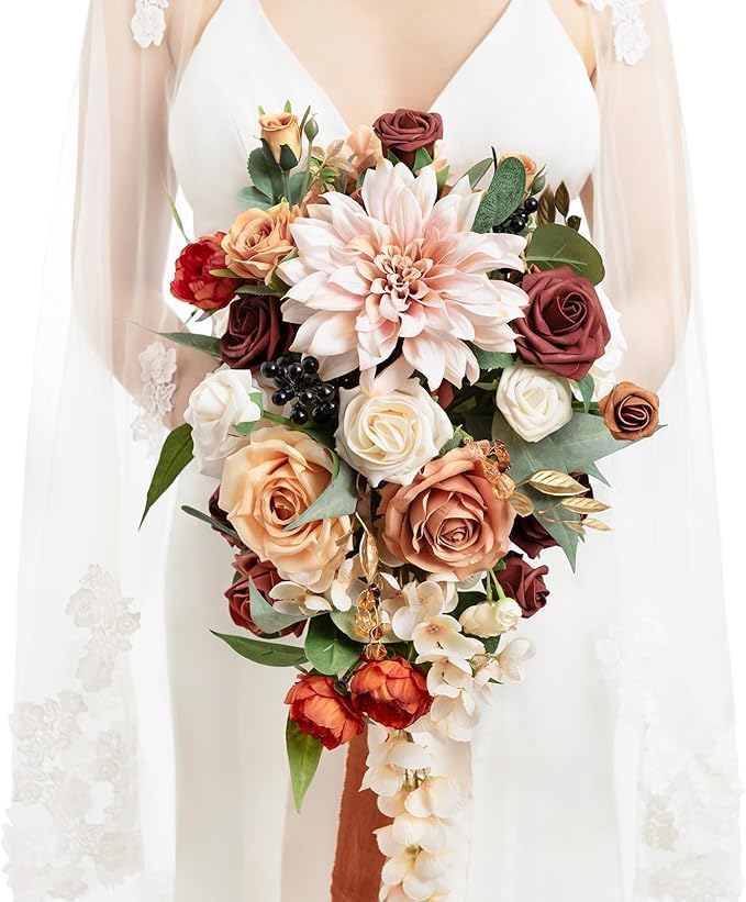 Ling's moment Terracotta Bridal Bouquet Cascading, Orange Wedding Bouquets for Bride, 13 Inch Bride Bouquets for Wedding Artificial Flowers Bouquets