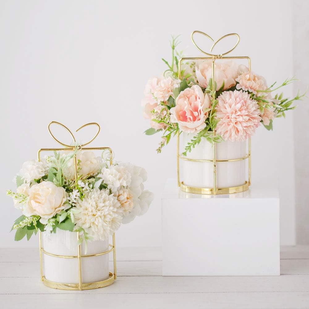 KIRIFLY Fake Artificial Flowers in Vase Faux Peony Silk Hydrangea Flower Centerpieces Décor for Wedding Table Decoration(White in Gold)