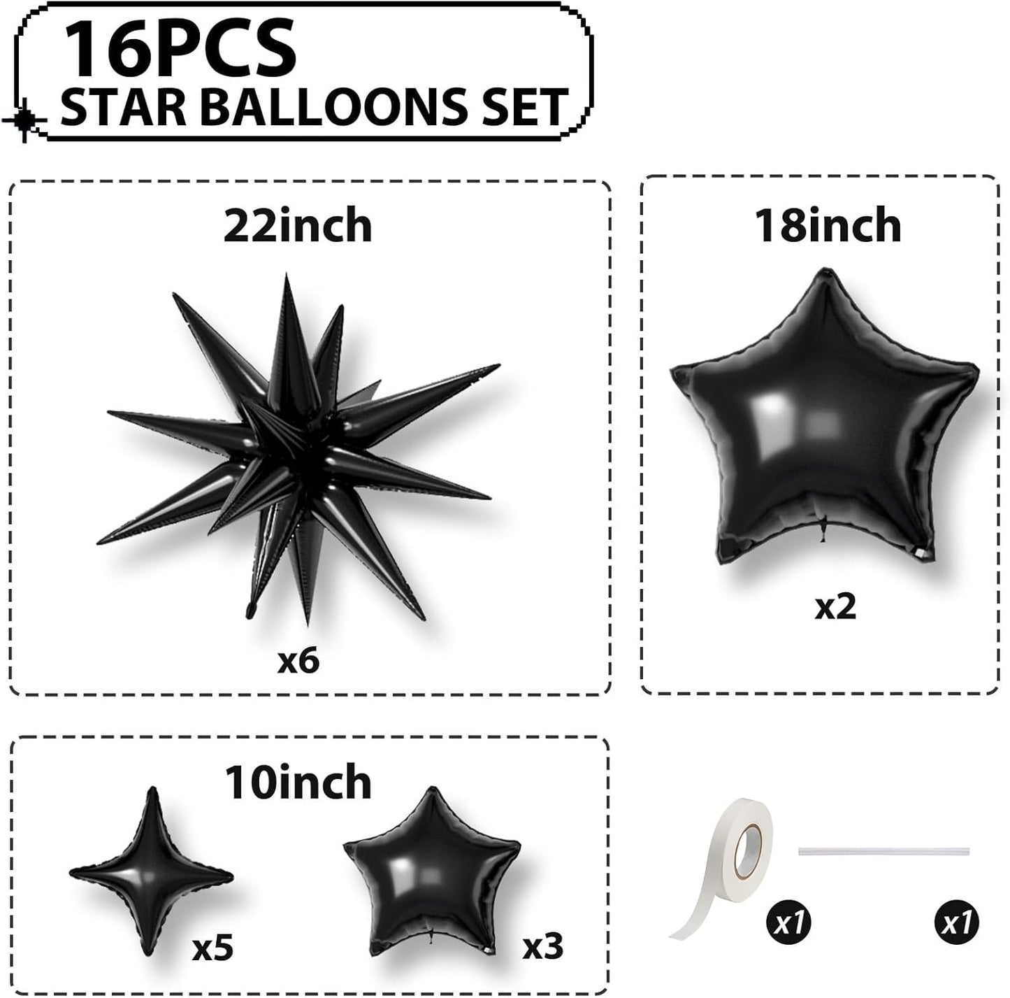 16 Pcs Black Star Balloons,22/18/10 Inch Foil Balloons, Four-Pointed Balloon for Kids Birthday Graduation Celebration Wedding Baby Shower Party Decorations
