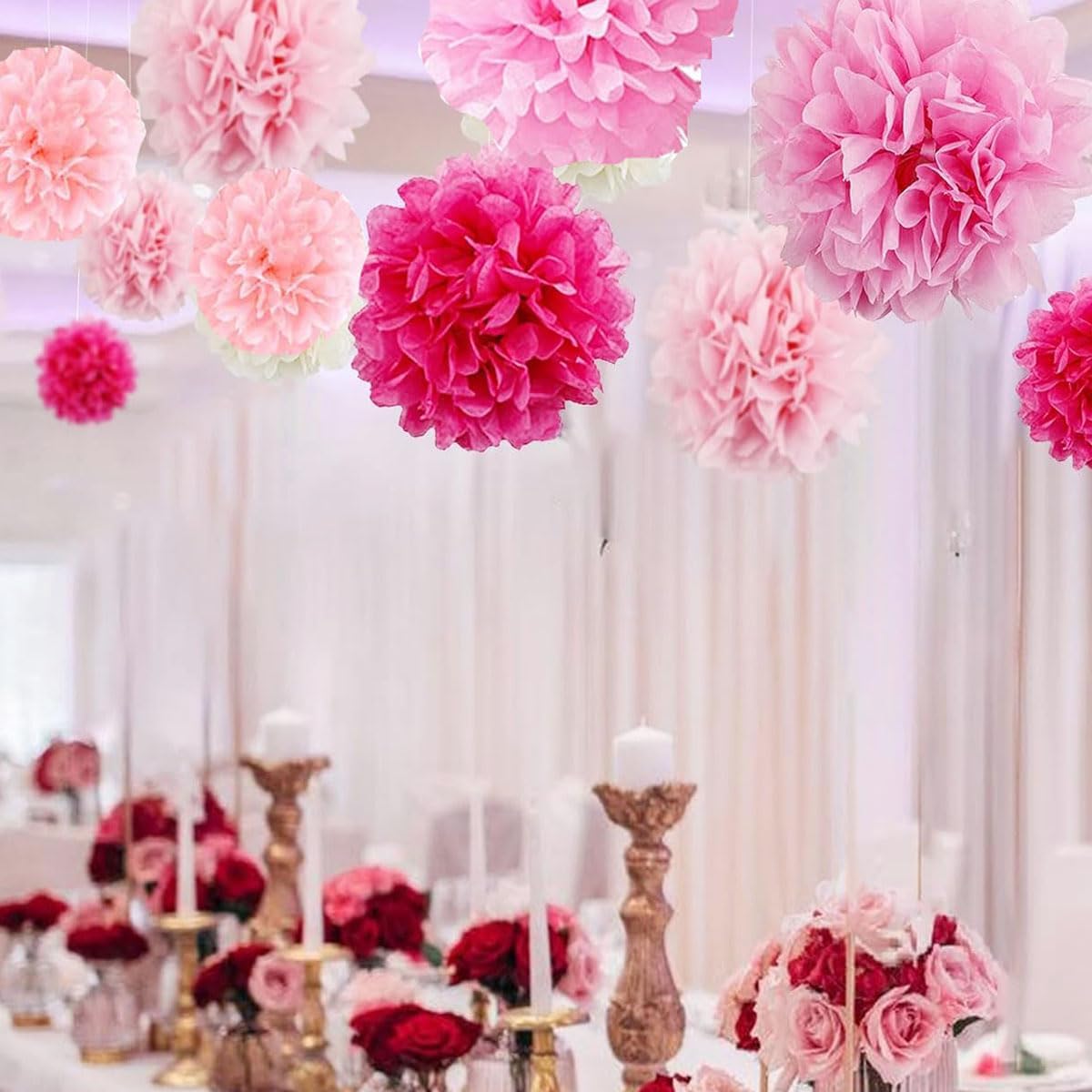 12pcs 8in 10in Pink Kit Paper Pom Poms Tissue Paper Flower Hanging Paper Flower Balls Wedding Party Flower Decorations DIY Art Craft Blooms for Birthday Baby Shower Nursery Decor