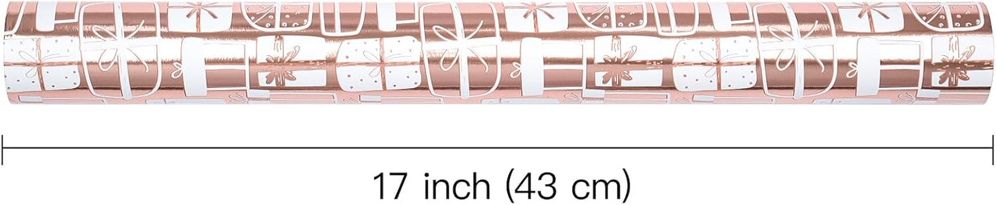 WRAPAHOLIC Wrapping Paper Roll - Mini Roll - 17 Inch x 33 Feet - Rose Gold Present Design with Metallic Foil Shine for Birthday, Party, Baby Shower