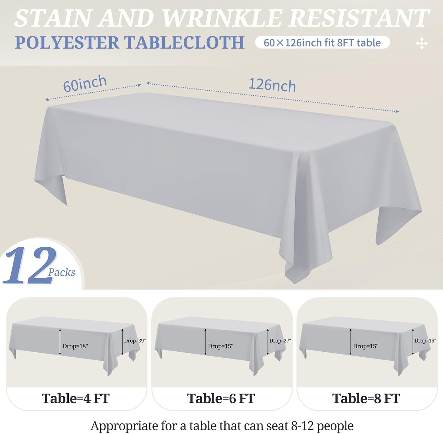12 Pack Light Grey Tablecloths for Rectangle Tables 60 x 126 Inch Polyester Tablecloth 8 Foot Rectangle Table Cloth Wrinkle Resistant Washable Fabric Table Cover for Party Wedding Banquet Events