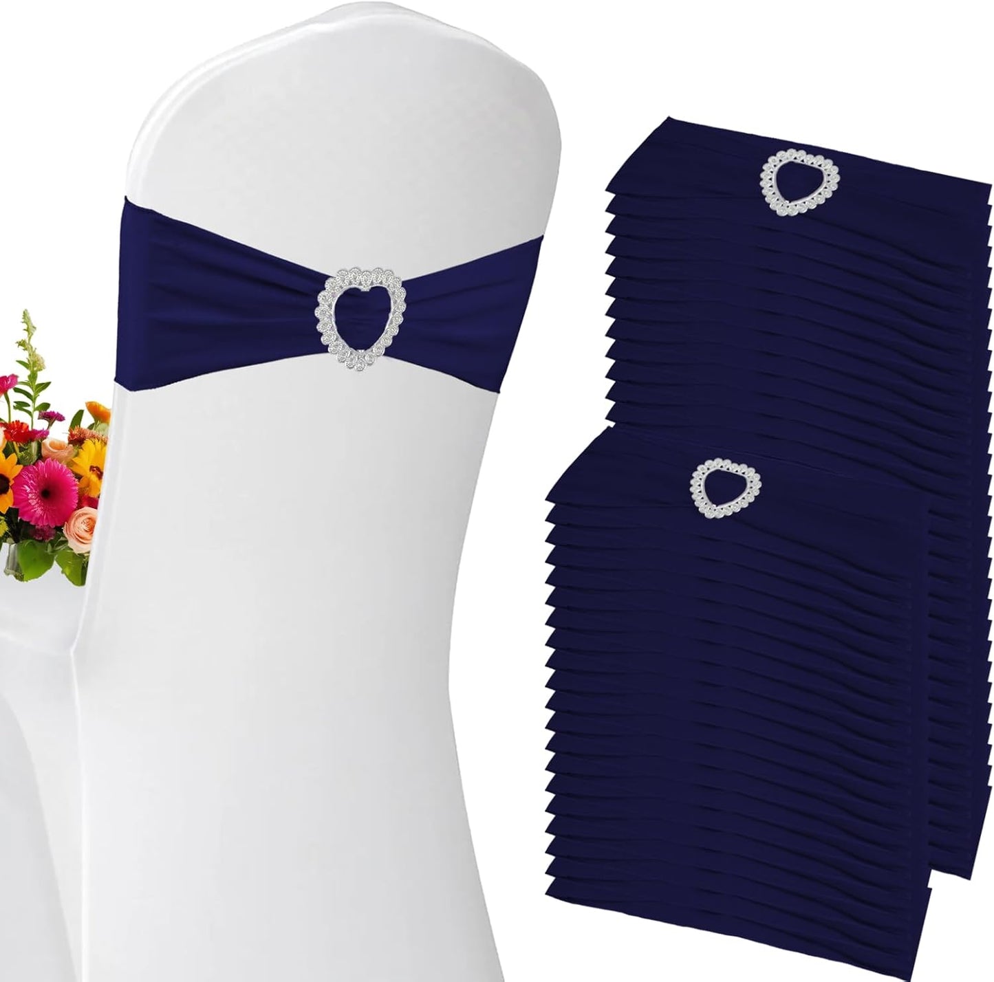 100PCS Spandex Stretch Navy Blue Chair Sashes Bows Universal Elastic Chair Cover Bands Ties with Buckle Slider for Wedding Party Ceremony Reception Event Banquet Decoration(Navy Blue)