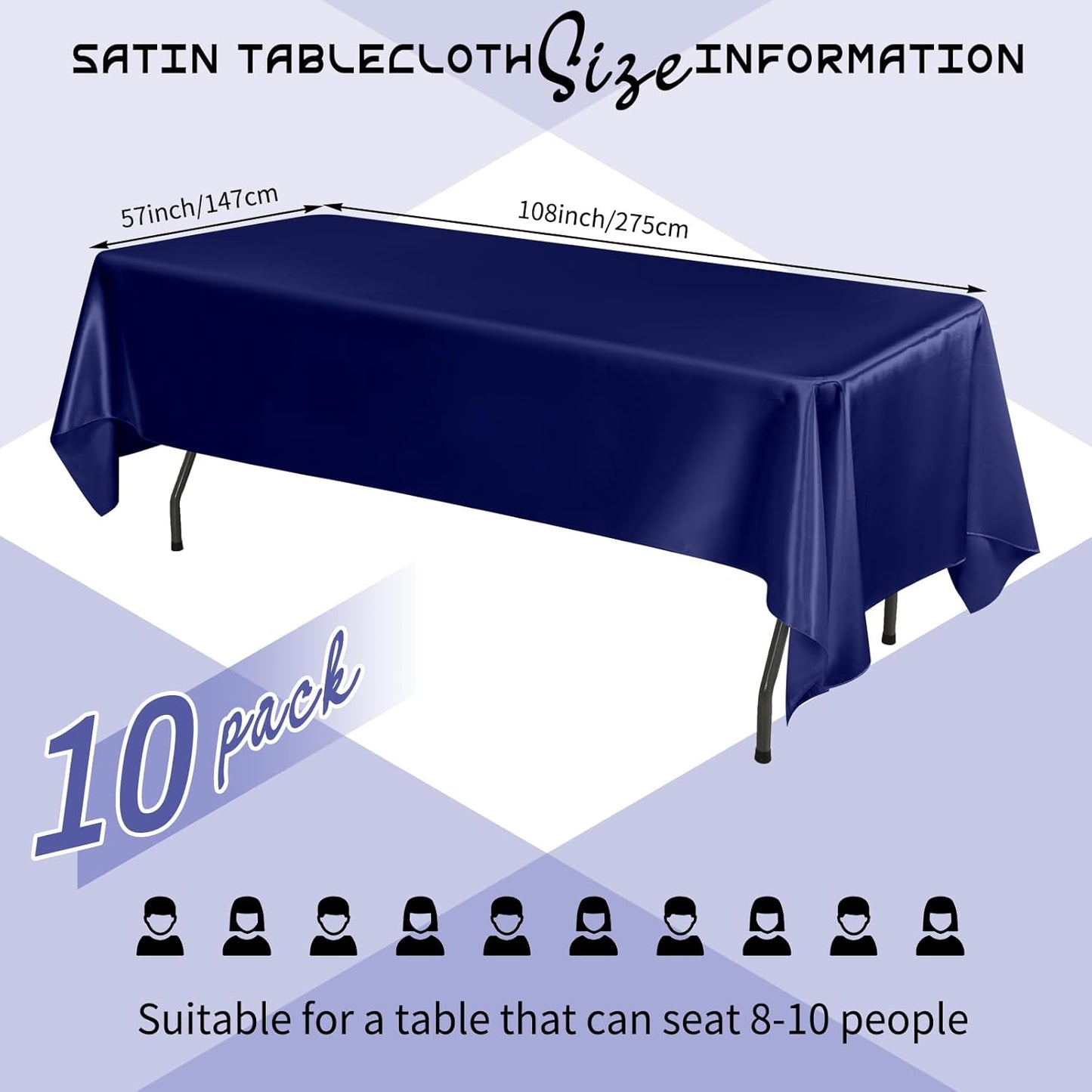 10 Packs Satin Tablecloth 57 x 108 Inch Navy Blue Rectangular Table Cloth Silk Tablecloth Smooth Fabric Overlay Satin Table Cover Decoration for Wedding Party Banquet Events