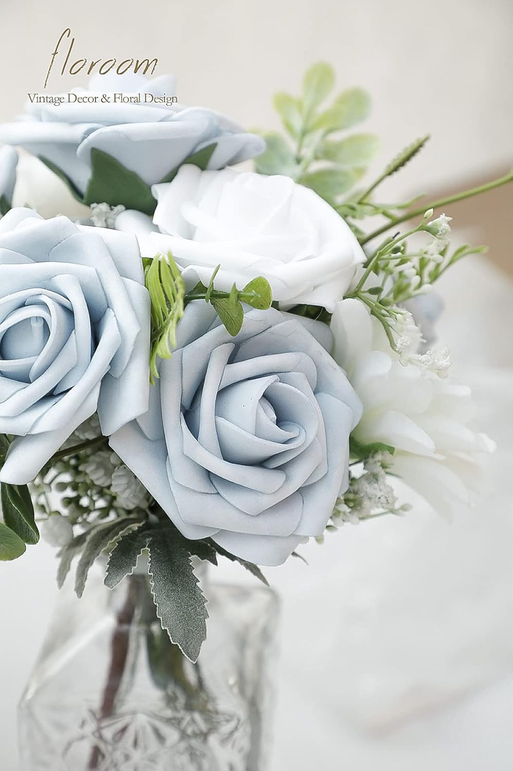 Floroom Artificial Flowers 50pcs Real Looking Powder Blue Foam Fake Roses with Stems for DIY Wedding Bouquets Bridal Shower Centerpieces Floral Arrangements Party Tables Home Decorations