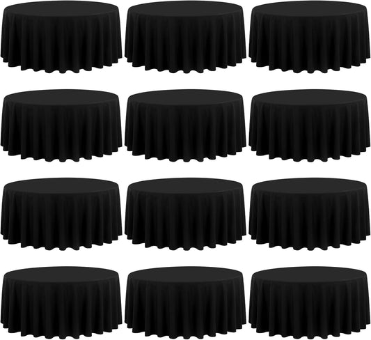 12 Pack 120 Inch Round Tablecloth, Black Polyester Fabric Table Cloth for Round Table, Washable Tablecover for Wedding Party Dining Buffet Banquet Restaurant and Camping